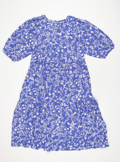 Marks and Spencer Womens Blue Floral Polyester A-Line Size 10 Round Neck Button