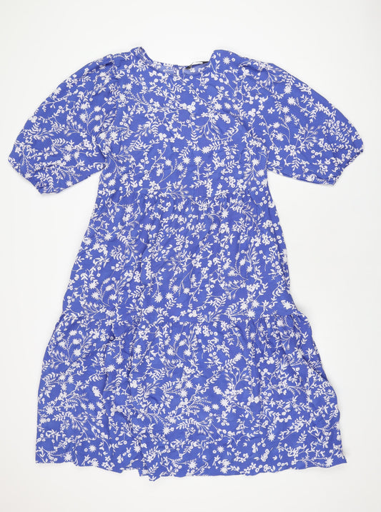 Marks and Spencer Womens Blue Floral Polyester A-Line Size 10 Round Neck Button
