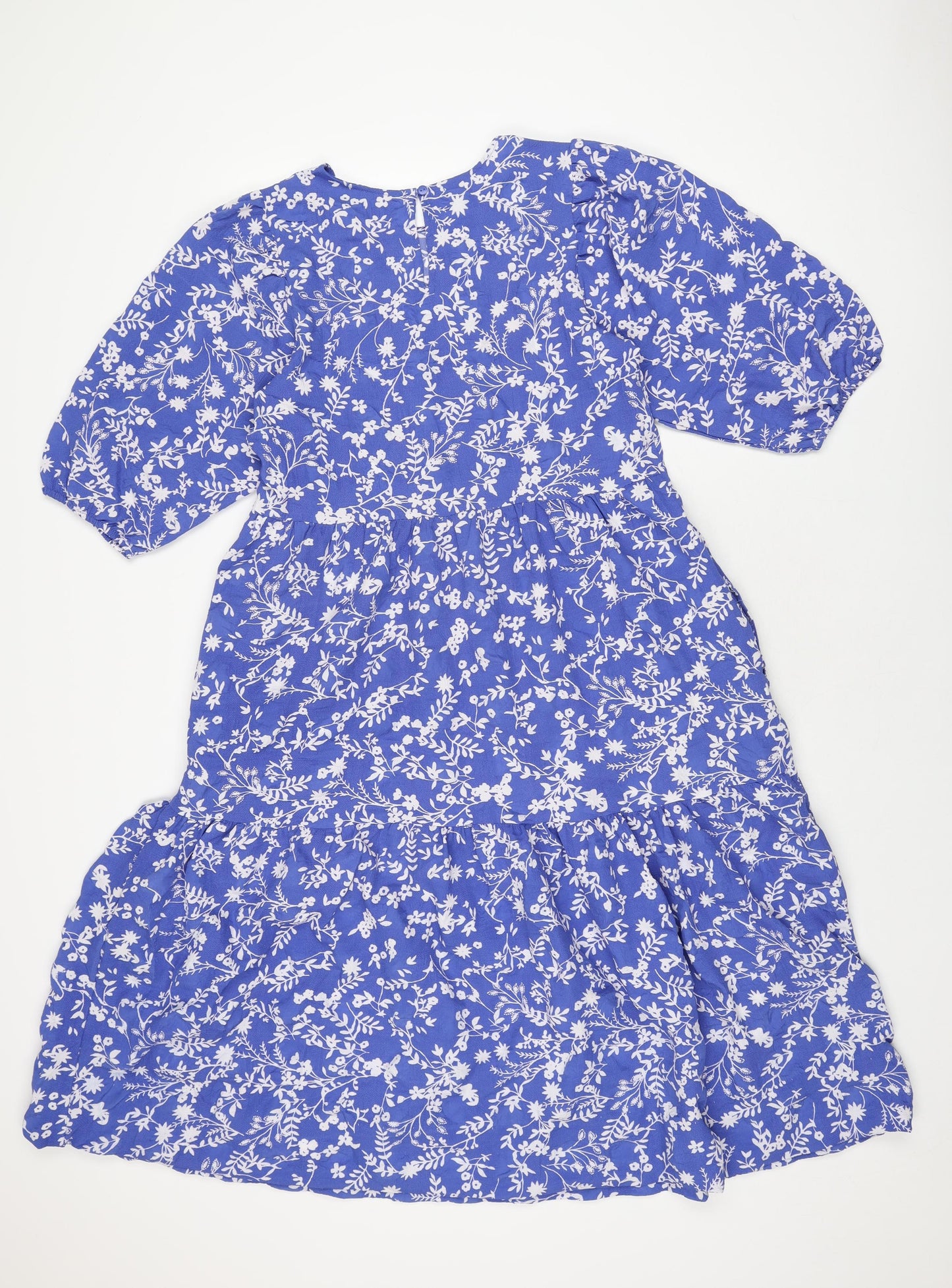 Marks and Spencer Womens Blue Floral Polyester A-Line Size 10 Round Neck Button