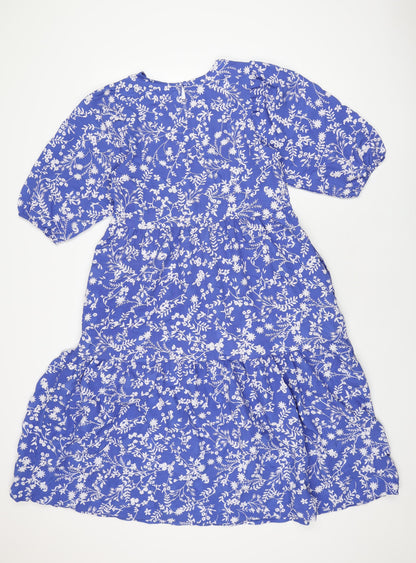 Marks and Spencer Womens Blue Floral Polyester A-Line Size 10 Round Neck Button