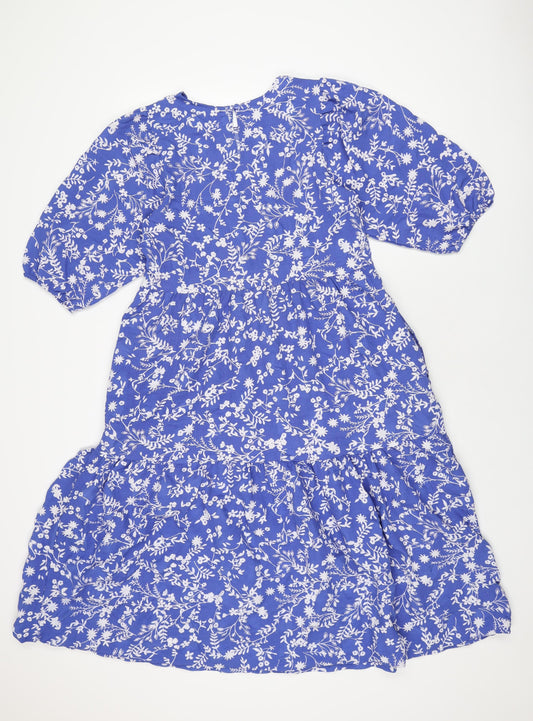 Marks and Spencer Womens Blue Floral Polyester A-Line Size 10 Round Neck Button
