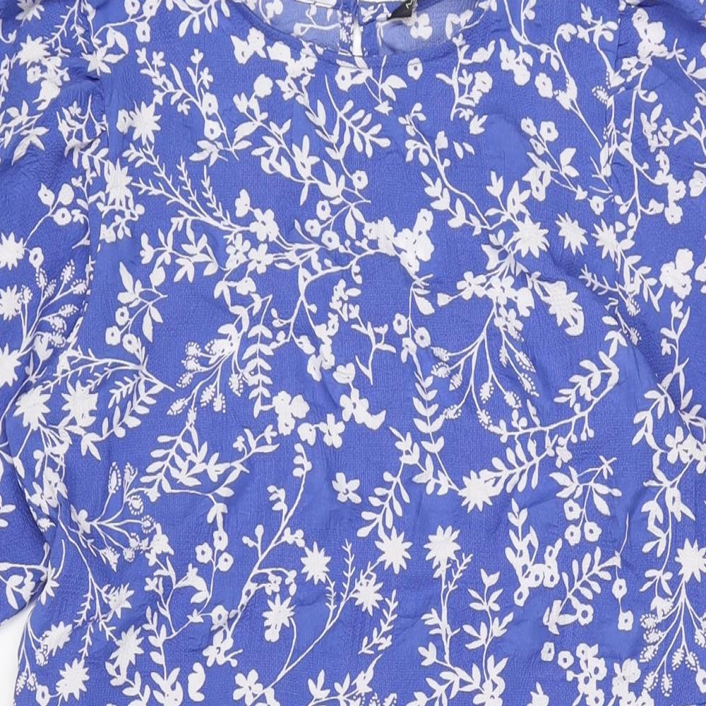 Marks and Spencer Womens Blue Floral Polyester A-Line Size 10 Round Neck Button
