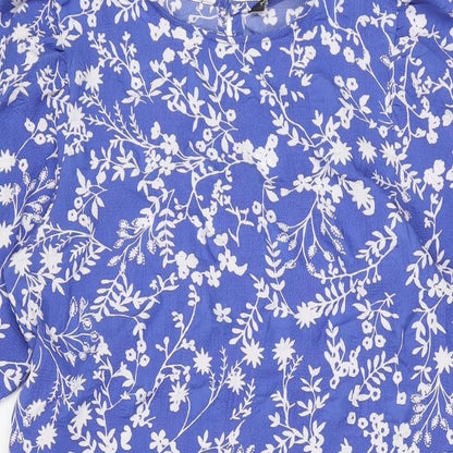 Marks and Spencer Womens Blue Floral Polyester A-Line Size 10 Round Neck Button