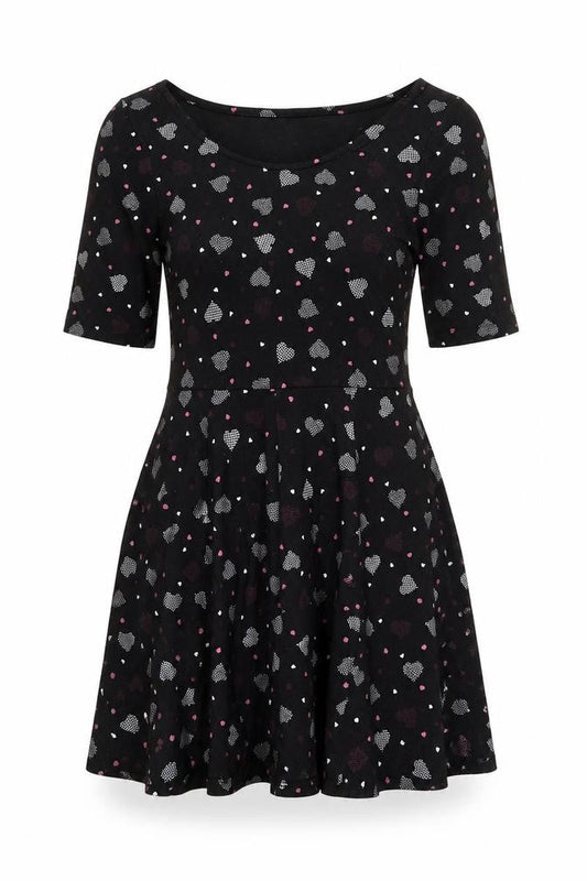 Front view of By Henry Holland women’s black geometric polyester skater dress, size UK 10, round neck pullover