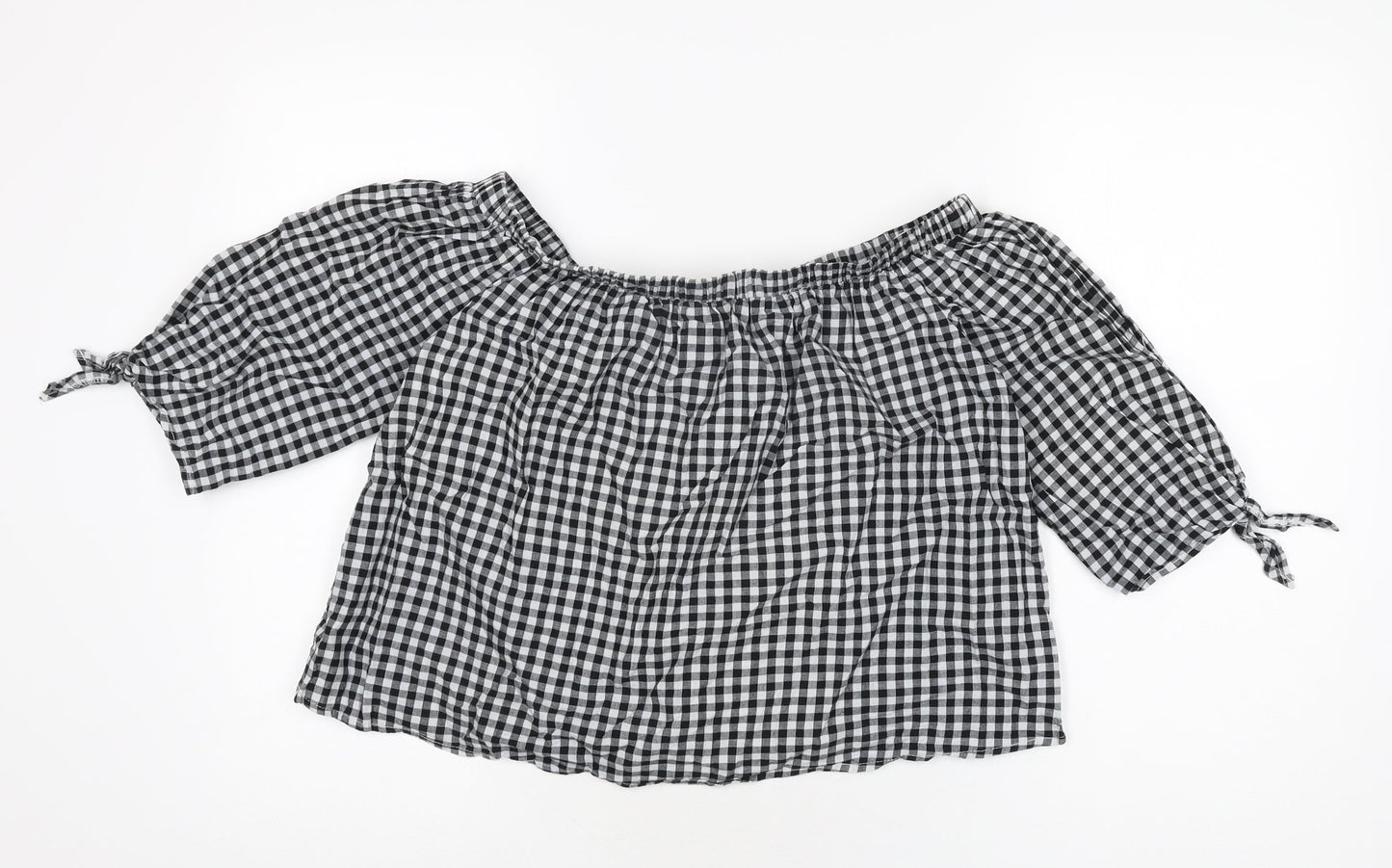Caution To The Wind Womens Black Geometric Cotton Basic T-Shirt Size M Off the Shoulder - Gingham