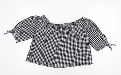 Caution To The Wind Womens Black Geometric Cotton Basic T-Shirt Size M Off the Shoulder - Gingham