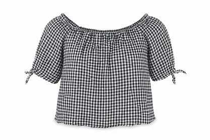 Caution To The Wind Womens Black Geometric Cotton Basic T-Shirt Size M Off the Shoulder - Gingham