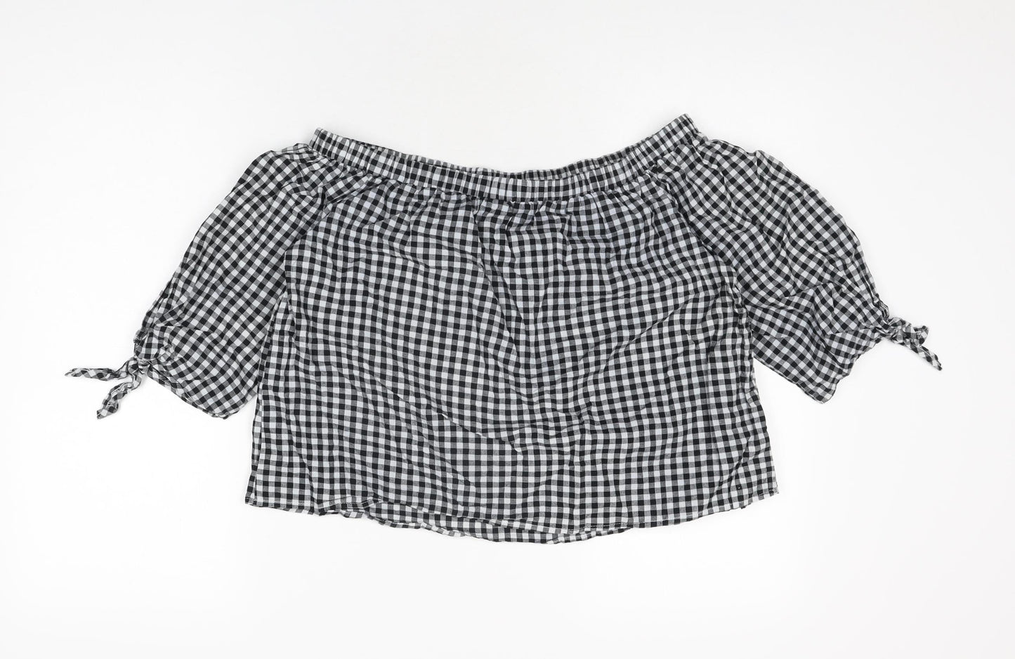 Caution To The Wind Womens Black Geometric Cotton Basic T-Shirt Size M Off the Shoulder - Gingham