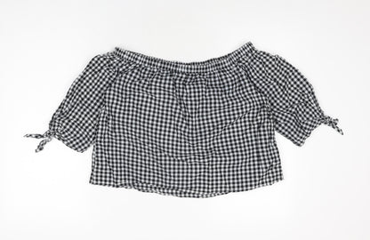 Caution To The Wind Womens Black Geometric Cotton Basic T-Shirt Size M Off the Shoulder - Gingham