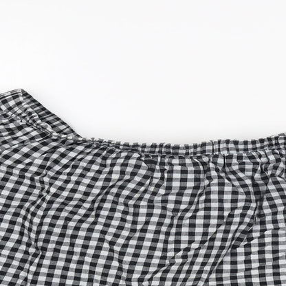 Caution To The Wind Womens Black Geometric Cotton Basic T-Shirt Size M Off the Shoulder - Gingham