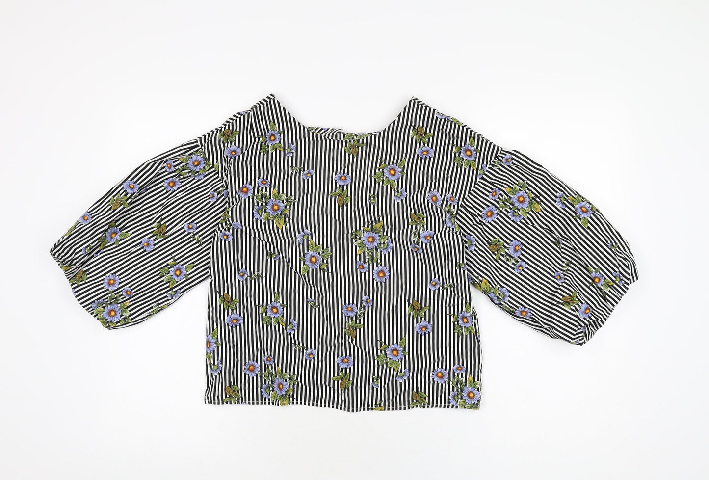 Miss Selfridge Womens White Striped Cotton Basic T-Shirt Size 6 Round Neck - Floral Print