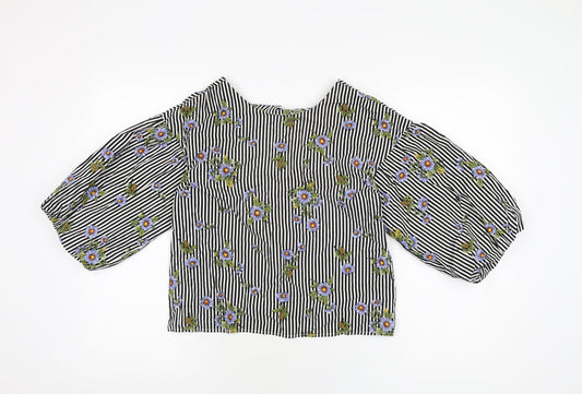 Miss Selfridge Womens White Striped Cotton Basic T-Shirt Size 6 Round Neck - Floral Print