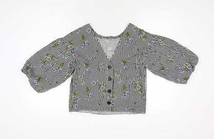 Miss Selfridge Womens White Striped Cotton Basic T-Shirt Size 6 Round Neck - Floral Print