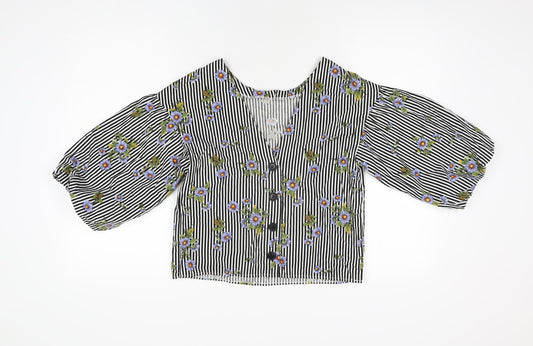 Miss Selfridge Womens White Striped Cotton Basic T-Shirt Size 6 Round Neck - Floral Print