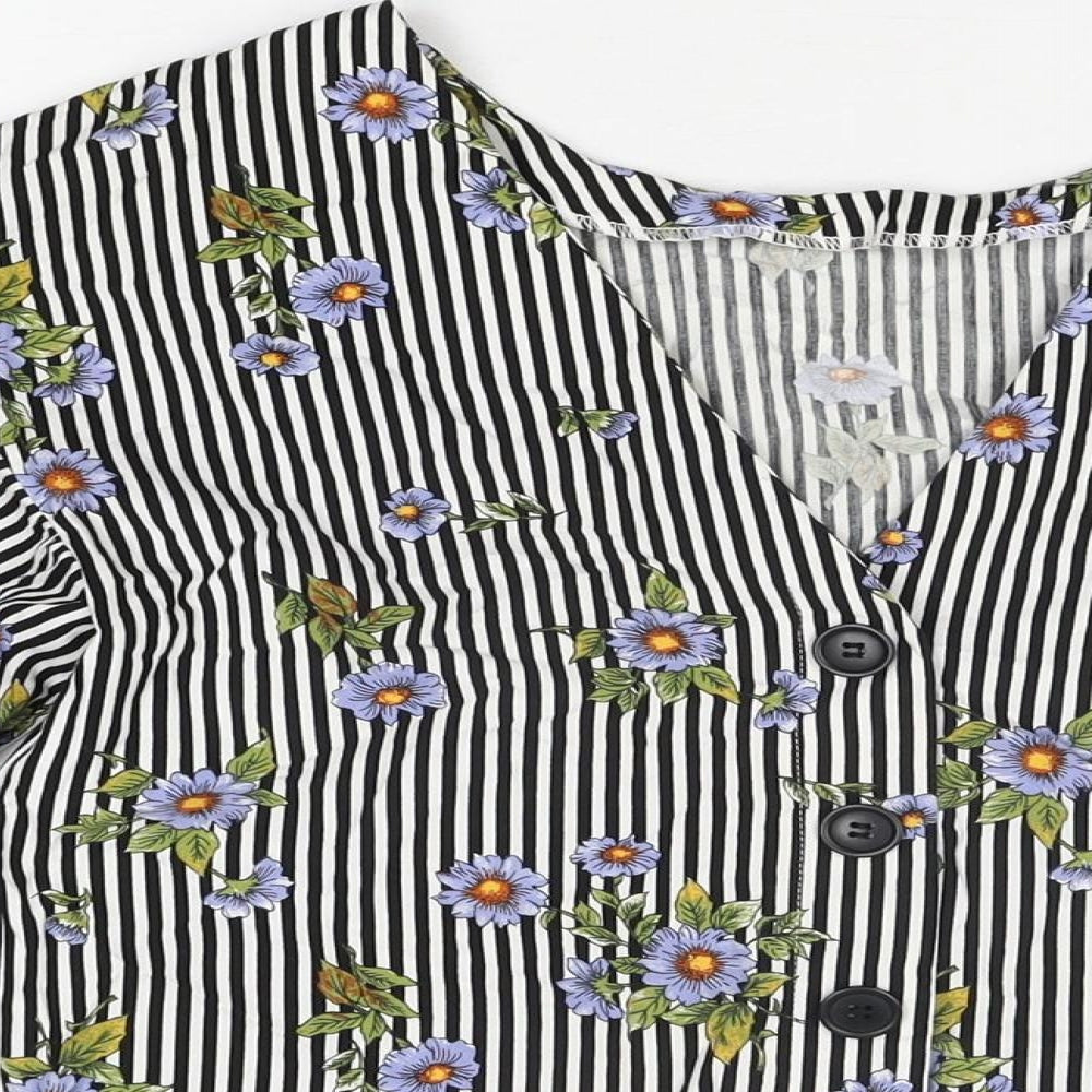 Miss Selfridge Womens White Striped Cotton Basic T-Shirt Size 6 Round Neck - Floral Print