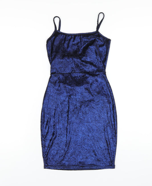 PRETTYLITTLETHING Womens Blue Polyester Bodycon Size 8 Square Neck Pullover