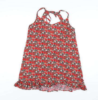 Oasis Womens Red Floral Viscose A-Line Size M V-Neck Pullover