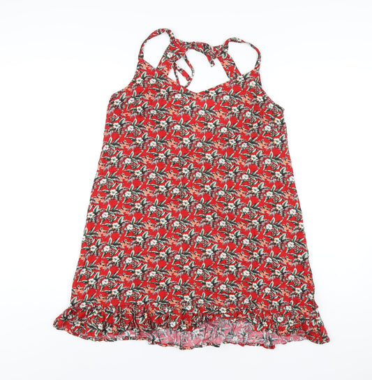 Oasis Womens Red Floral Viscose A-Line Size M V-Neck Pullover