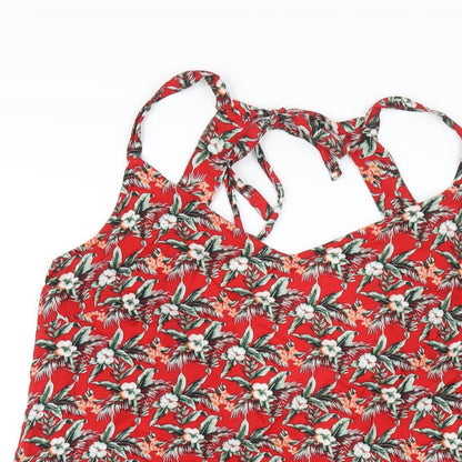 Oasis Womens Red Floral Viscose A-Line Size M V-Neck Pullover