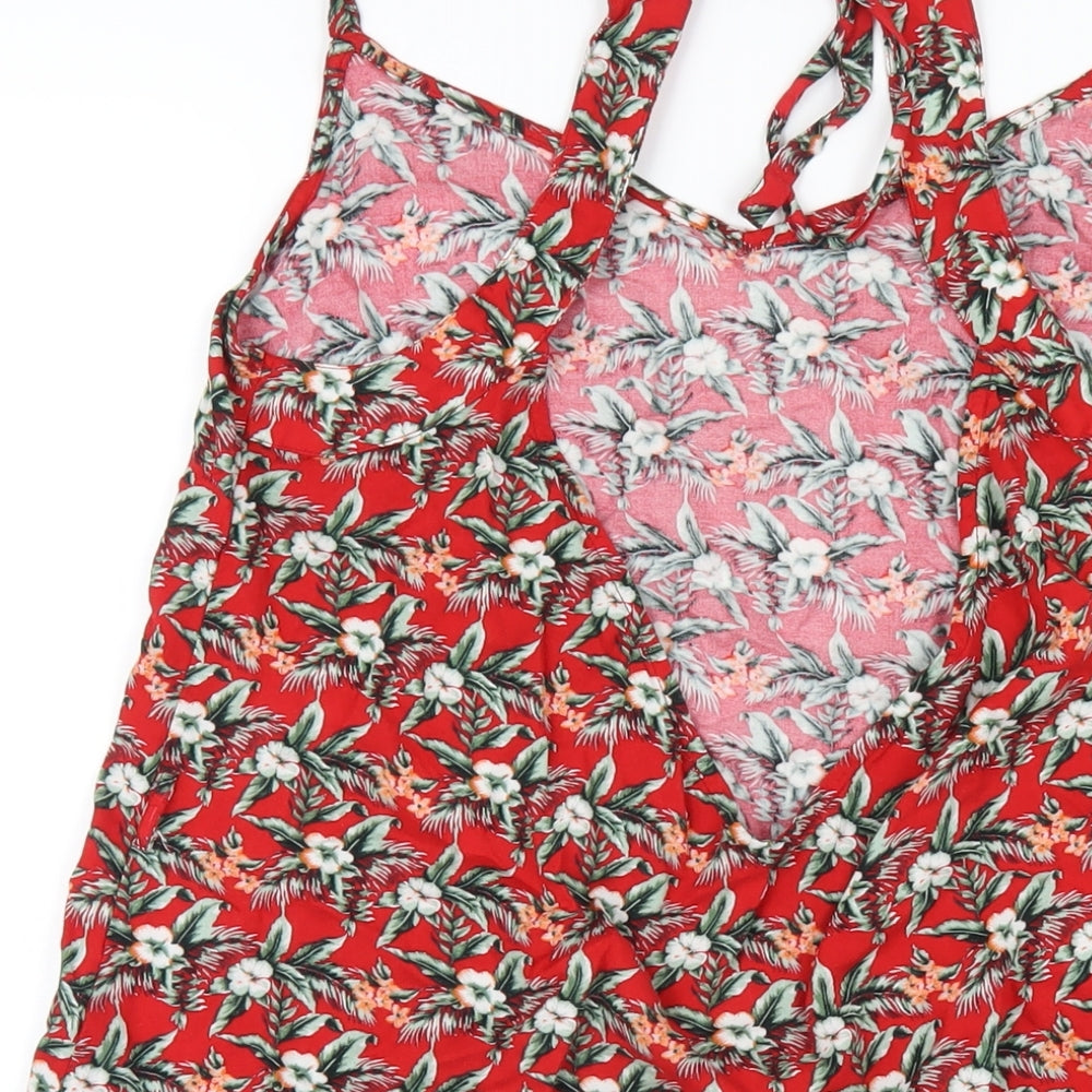 Oasis Womens Red Floral Viscose A-Line Size M V-Neck Pullover