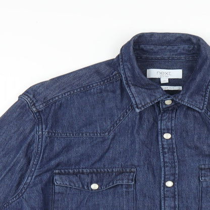 NEXT Mens Blue Cotton Button-Up Size MT Collared Snap