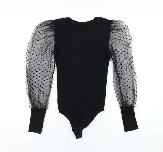 PRETTYLITTLETHING Womens Black Cotton Bodysuit One-Piece Size S Hook & Eye - Mesh Sleeves