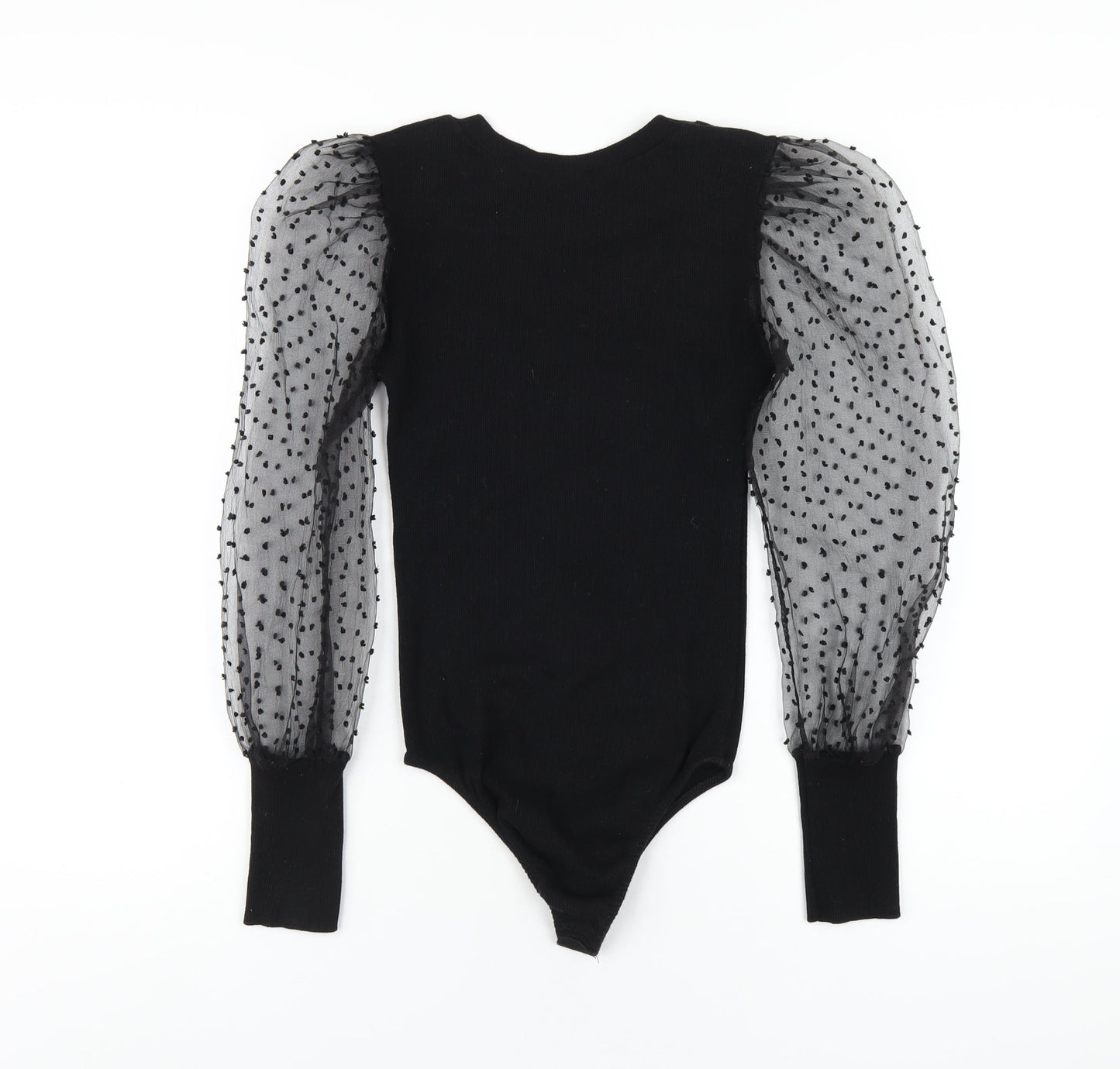 PRETTYLITTLETHING Womens Black Cotton Bodysuit One-Piece Size S Hook & Eye - Mesh Sleeves