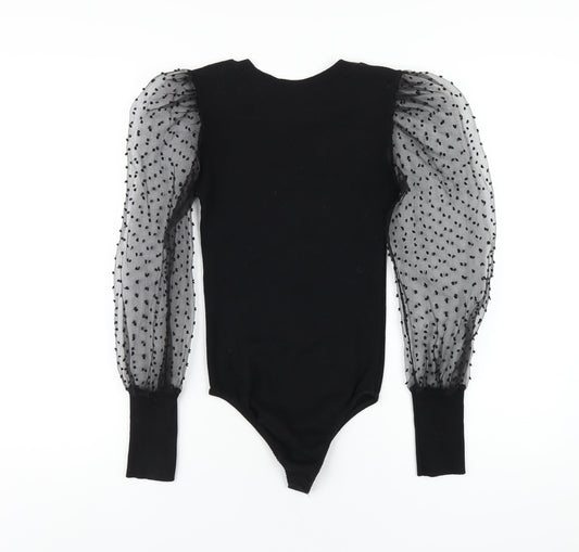 PRETTYLITTLETHING Womens Black Cotton Bodysuit One-Piece Size S Hook & Eye - Mesh Sleeves