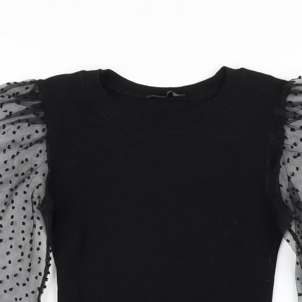 PRETTYLITTLETHING Womens Black Cotton Bodysuit One-Piece Size S Hook & Eye - Mesh Sleeves