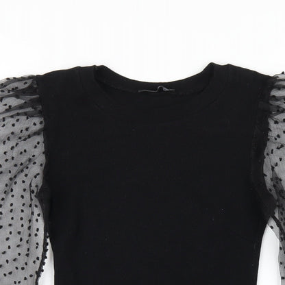 PRETTYLITTLETHING Womens Black Cotton Bodysuit One-Piece Size S Hook & Eye - Mesh Sleeves