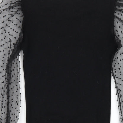 PRETTYLITTLETHING Womens Black Cotton Bodysuit One-Piece Size S Hook & Eye - Mesh Sleeves