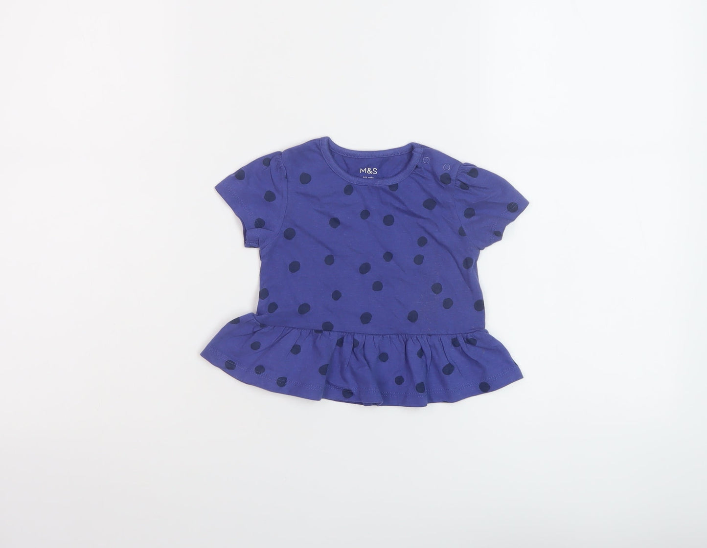 Marks and Spencer Girls Black Polka Dot Cotton Basic T-Shirt Size 6-9 Months Crew Neck Snap