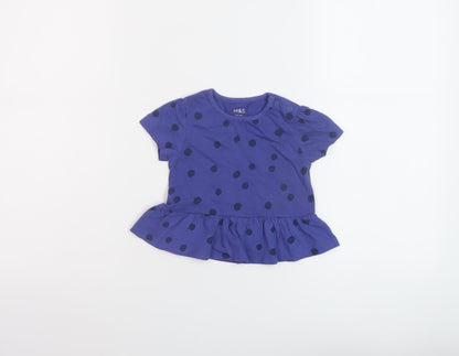 Marks and Spencer Girls Black Polka Dot Cotton Basic T-Shirt Size 6-9 Months Crew Neck Snap