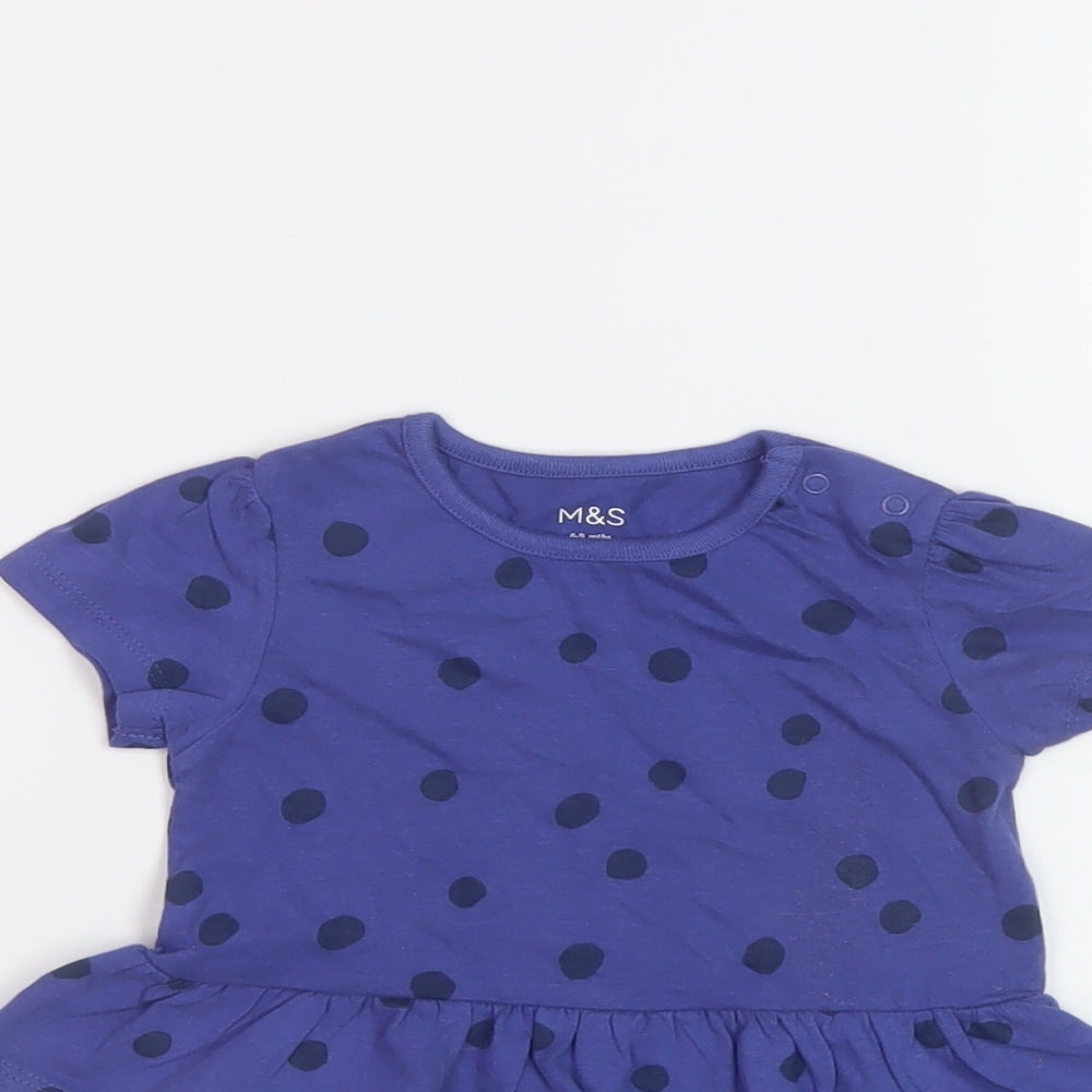 Marks and Spencer Girls Black Polka Dot Cotton Basic T-Shirt Size 6-9 Months Crew Neck Snap