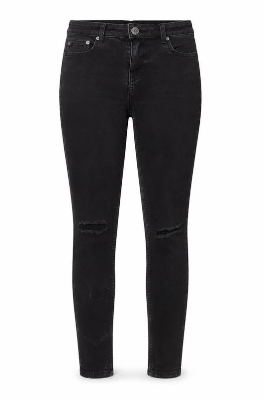 Front view of BDG women’s black cotton skinny jeans, size UK 27, in, 28-inch leg regular button