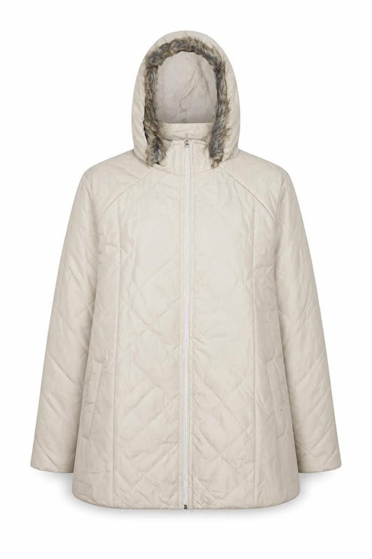 Front view of Anne De Lancay women’s beige parka coat, size M, zip - faux fur hood