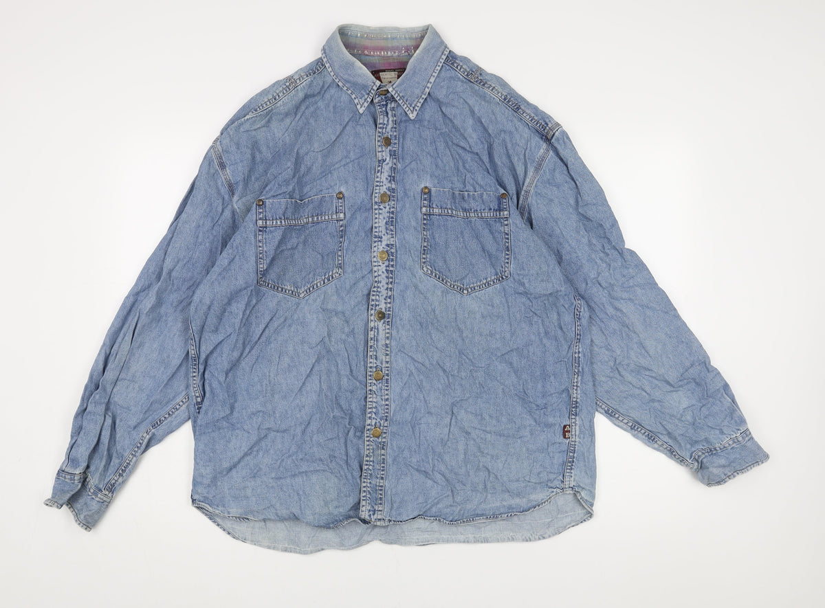 Authentic Mens Blue Cotton Button-Up Size L Collared Button