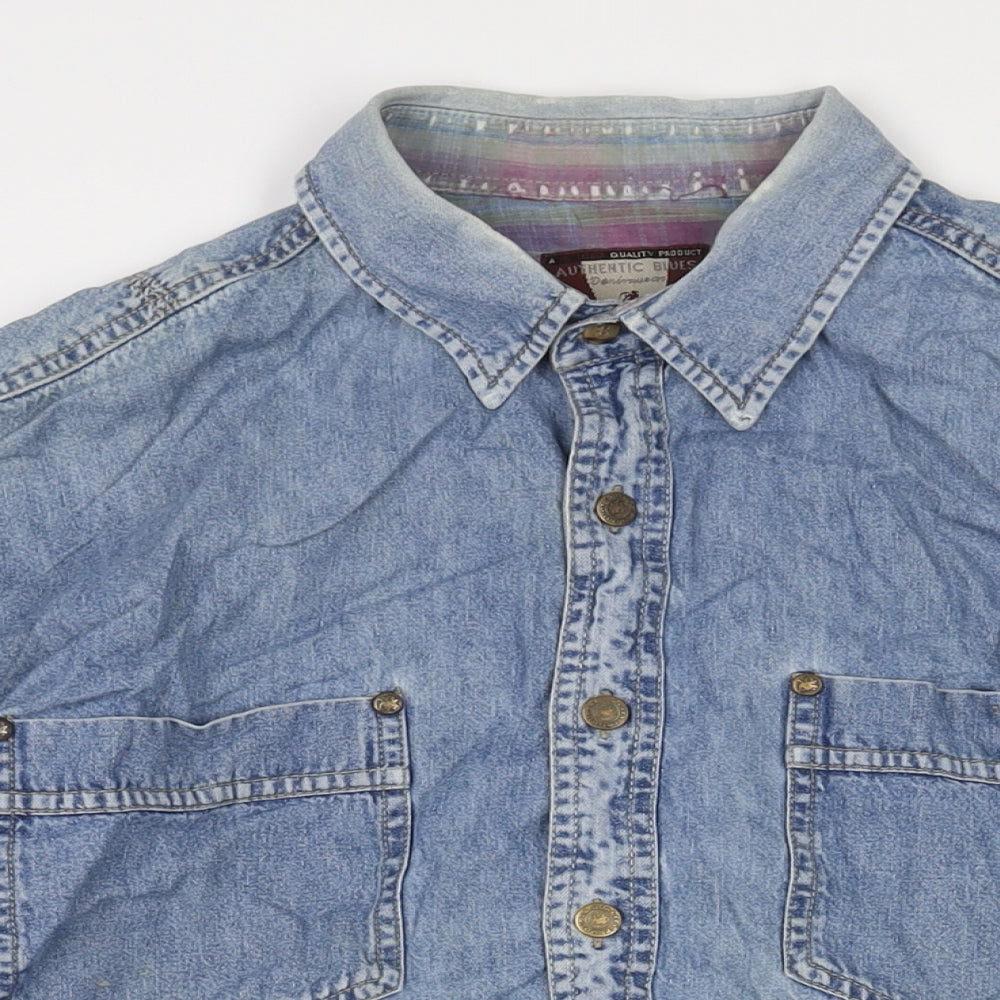Authentic Mens Blue Cotton Button-Up Size L Collared Button