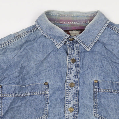 Authentic Mens Blue Cotton Button-Up Size L Collared Button