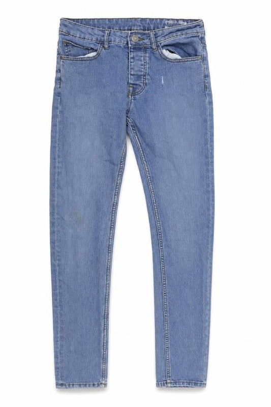 Front view of Denim & Co. men’s blue cotton skinny jeans, size 30, in, 31-inch leg regular button