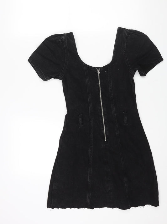 Denim & Co. Womens Black Cotton A-Line Size 6 Scoop Neck Zip - Raw Hem