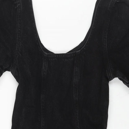 Denim & Co. Womens Black Cotton A-Line Size 6 Scoop Neck Zip - Raw Hem