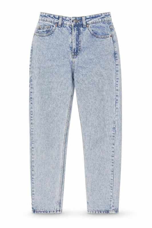 Front view of Denim & Co. women’s blue cotton mom jeans, size UK 6, 30-inch leg regular zip