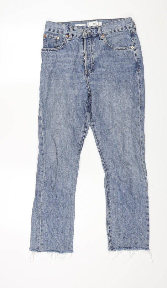 Mango Womens Blue Cotton Straight Jeans Size 6 L28 in Regular Button - Raw Hem