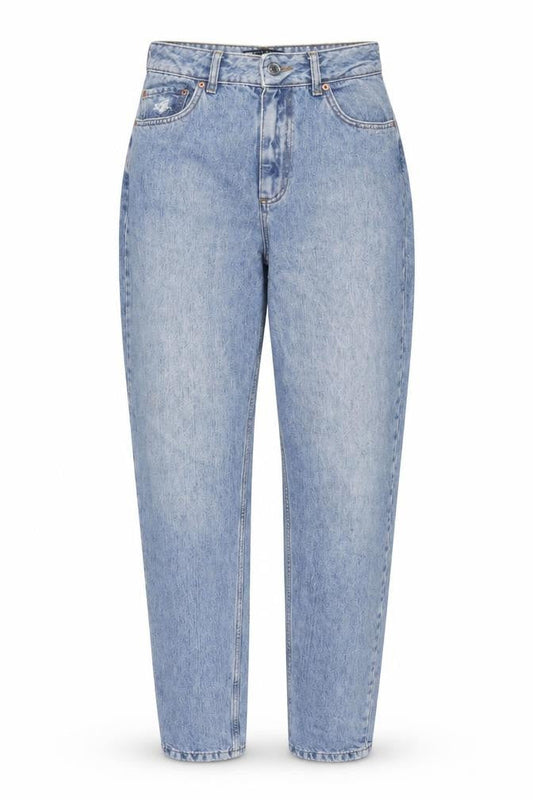 Front view of ASOS women’s blue cotton mom jeans, size UK 26, in, 32-inch leg regular zip