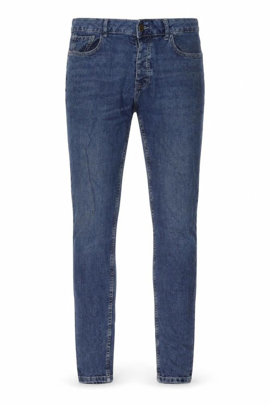 Front view of Denim & Co. men’s blue cotton skinny jeans, size 34, in, 34-inch leg regular zip
