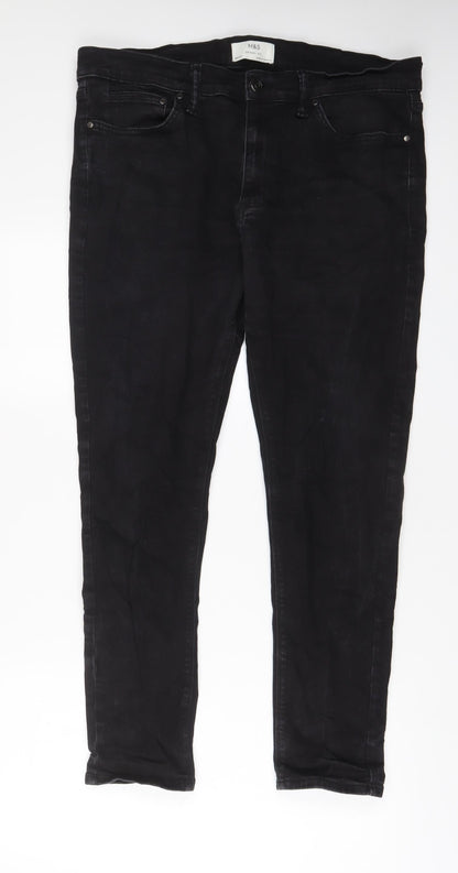 Marks and Spencer Mens Black Cotton Skinny Jeans Size 38 in L31 in Regular Zip