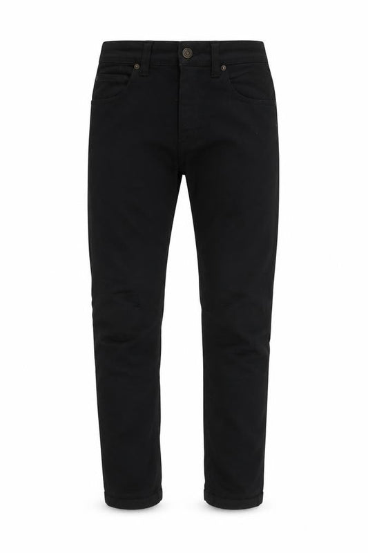 Front view of Easy men’s black cotton skinny jeans, size 32, in, 32-inch leg regular zip