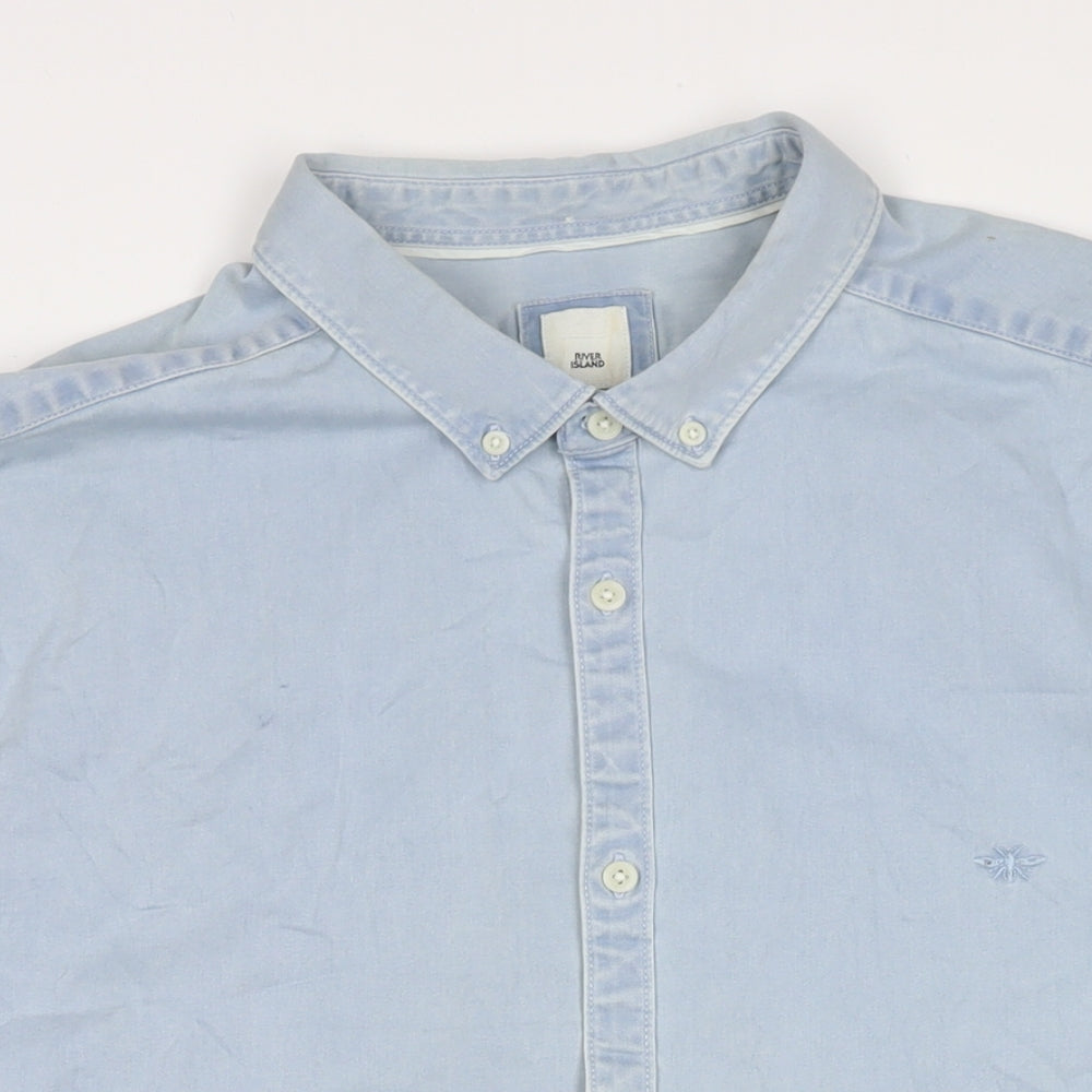 River Island Mens Blue Cotton Button-Up Size 2XL Collared Button