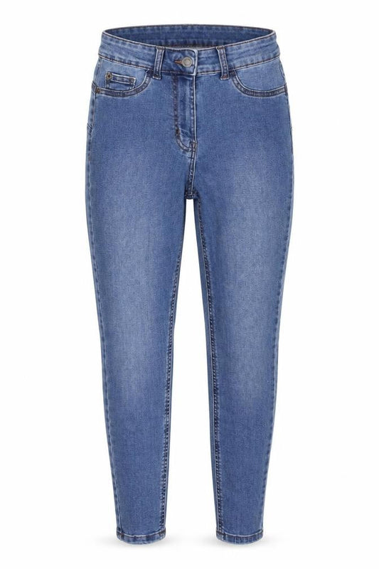 Front view of Denim & Co. women’s blue cotton skinny jeans, size UK 6, 26-inch leg regular zip